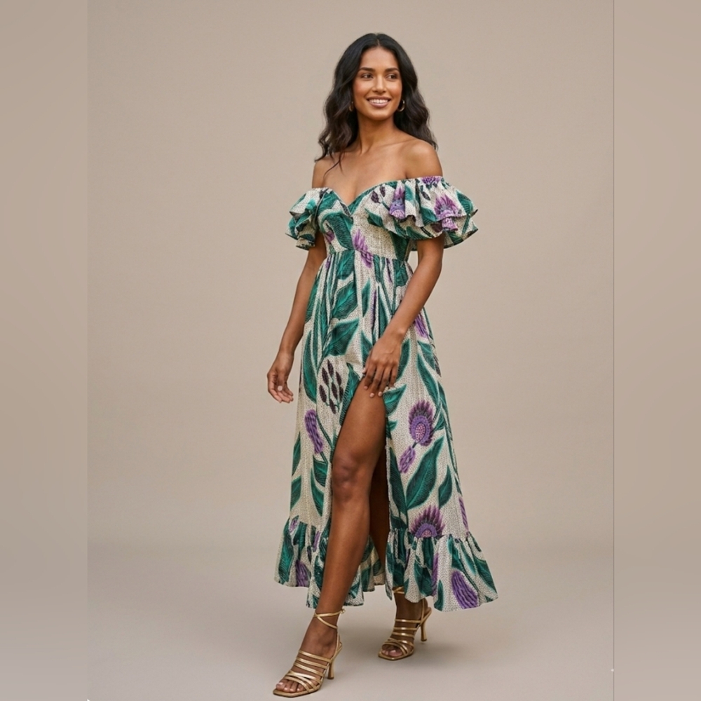 Sika Anthropologie Off-the-Shoulder Printed Maxi Dress Gree, Purple & White Sz 2